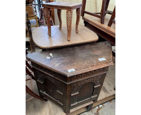 Old charm style oak trunk, decorative inlaid side table &amp; another oak table