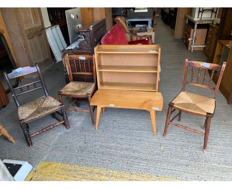 Collection of furniture to include a mid 20th century coffee table, 3 rush seated chairs &amp; light oak shelving unit ## key