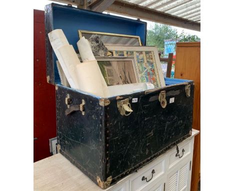 Trunk containing 1960's studio art, some framed pictures, vintage cards, china etc