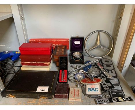 Collection of old lighters, lorry &amp; car badges, cribbage boards, old pipes etc