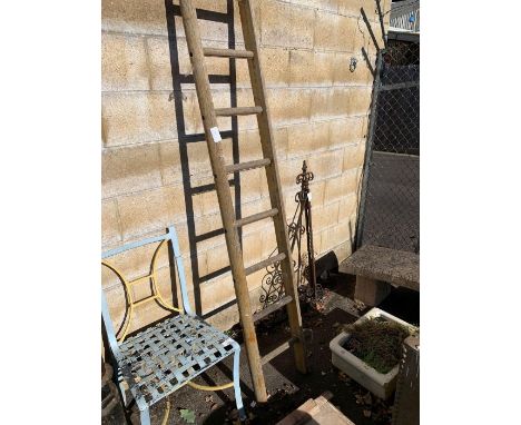 Iron strap work painted chair, wooden fruit picking ladder, small belfast sink &amp; a metal signpost
