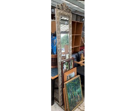 Large silver gilt framed mirror along with other paintings, tapestries and prints