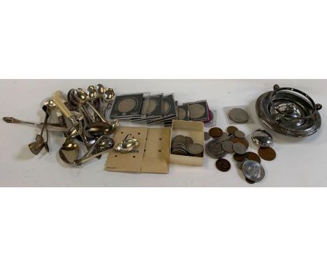 Commemorative crowns, pre-decimal coins, silver plate spoons etc