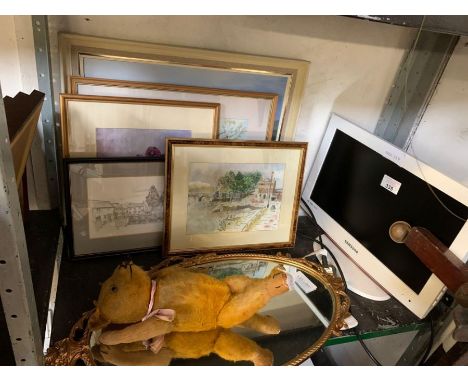 Gilt framed mirror, Samsung television, vintage teddy bear &amp; other items ## remote ##