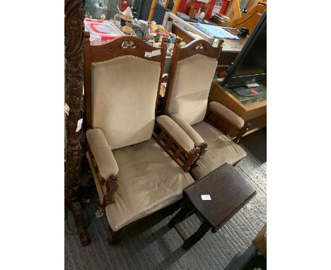 Pair of mahogany framed open armchairs along with small gate leg table