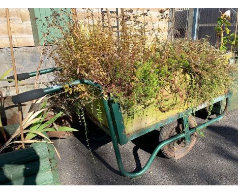 Metal framed barrow planter including plants