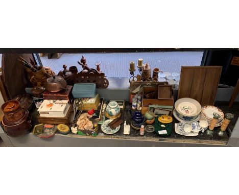 Collection of vintage sewing equipment including materials, scissors, beads, trinket boxes &amp; other items