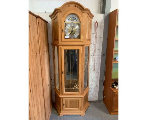 Modern pine long cased clock by Richard Broad of Bodmin Cornwall with weights &amp; pendulum
