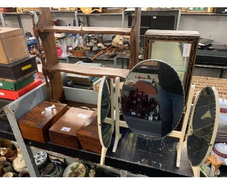 3 wooden trinket boxes, oak shelving unit, mirrored bathroom display cabinet, dressing table mirror etc