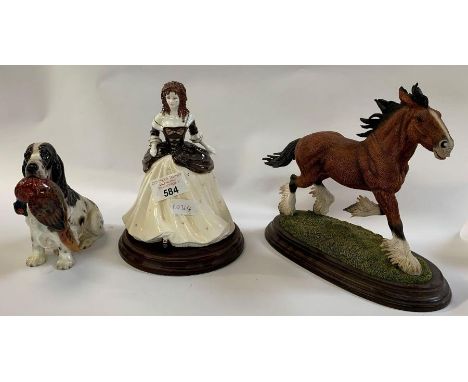 Coalport figure of a lady along with a Royal Doulton dog and a ceramic horse