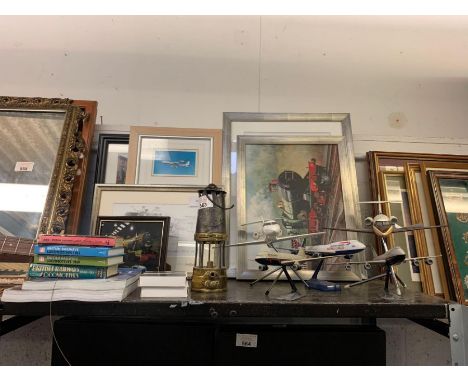 Aviation collectables including model planes, framed planes, miners lamp, railway book etc