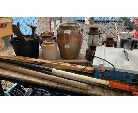 Earthenware flagons, oil lamps, tile cutter, sash clamps &amp; other items