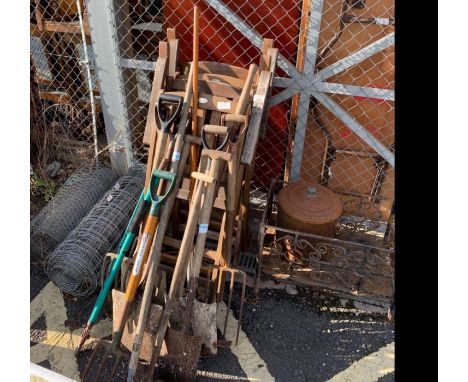 4 teak garden chairs by Royal Craft, garden tools, wire fencing &amp; a fire basket
