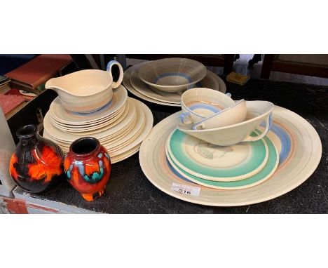 Box of Susie Cooper plates and Poole pottery vases