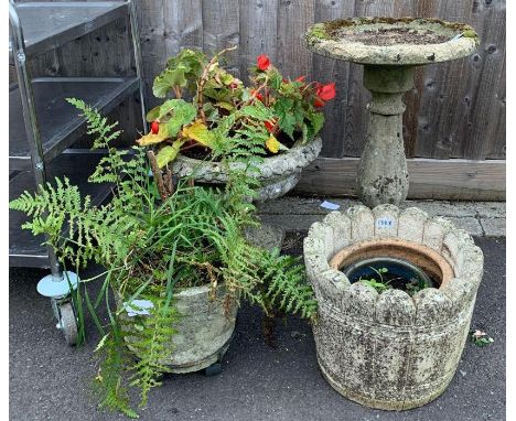 Reconstituted stone bird bath, urn &amp; various plant pots