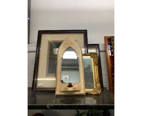 Gilt frames, gothic wall mirror and other framed items