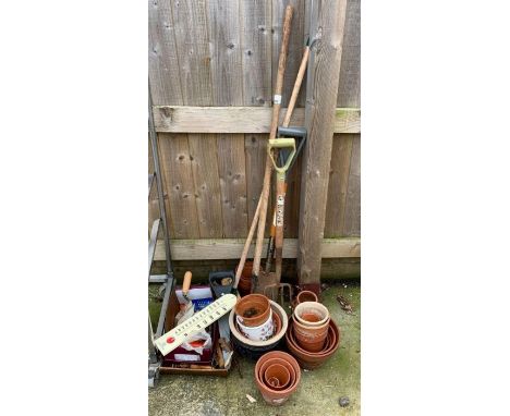Quantity of terracotta &amp; glazed plant pots &amp; garden tools