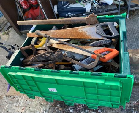 Crate of hand tools, door knockers + other items