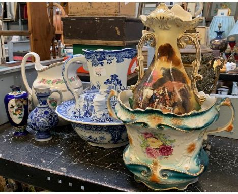 Quantity of ceramics to include wash jug &amp; bowl and a decorative metal converted lamp