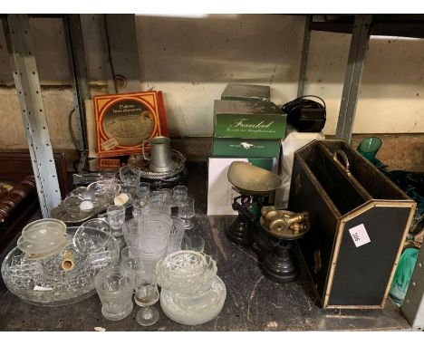 Set of brass &amp; iron scales &amp; weights, various "The Sport of Kings" boxed figures, magazine rack, glassware, electric 
