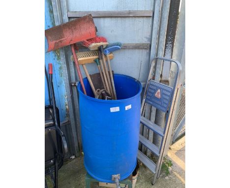 Blue water tank with tap along with garden tools &amp;  aluminium step ladder 