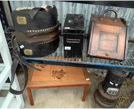 Tile top table, metal tool box, coal box, old shire horse leather harness, oil stove etc