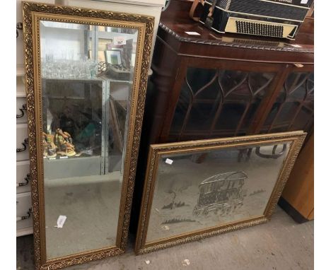 Gilt mirror with etched decoration of horse &amp; cart and 1 other mirror