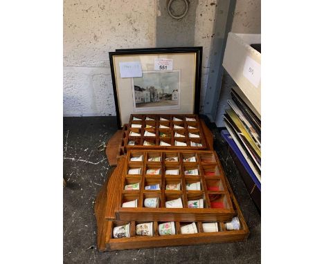 Collection of ceramic thimbles in display cases and 2 signed Portsmouth prints