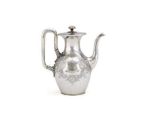 ϒAn early Victorian silver baluster coffee pot by Joseph Angell I & Joseph Angell II, London 1843, with a bud and leaf finial