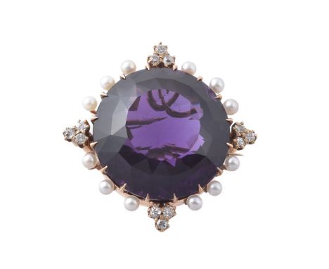 An amethyst, diamond and cultured pearl brooch, the central circular cut amethyst, claw set within a surround of cultured pea