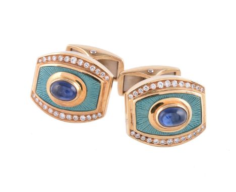 A pair of 18 carat gold, enamel, sapphire and diamond cufflinks by Leo De Vroomen for Amr Shaker, the panels set with an oval