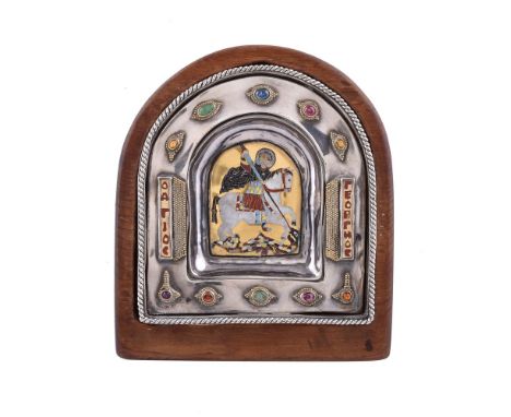 An enamel icon of St. George by Natalia Josca dated 1992, the arched polychrome champlevé and cloisonné enamel plaque depicti