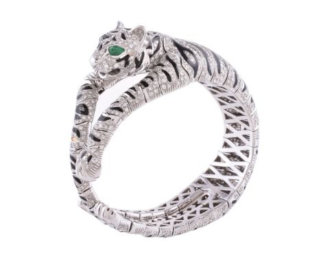 An Italian diamond and black enamel tiger bracelet/brooch, the articulated links pavé set with brilliant cut diamonds with bl
