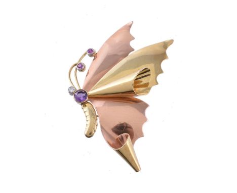 A mid 20th century gem set butterfly brooch by Tiffany &amp; Co, the wings in rose and yellow coloured metal, the body collet
