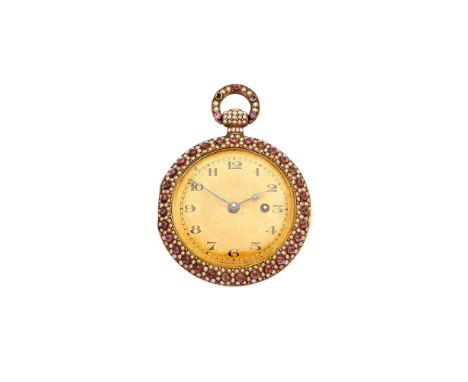 A gold coloured, half pearl and ruby set pocket watch, no. 31449, cylinder escapement, three armed flat balance, flat balance