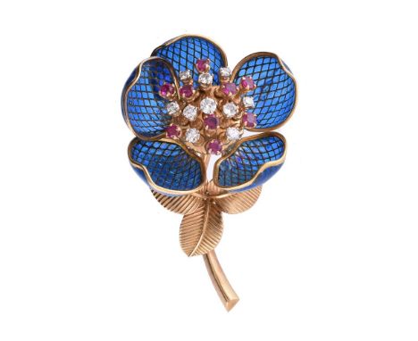 A 1960s French enamel, diamond and ruby en tremblant flower brooch, the stamen set with brilliant cut diamonds and circular c