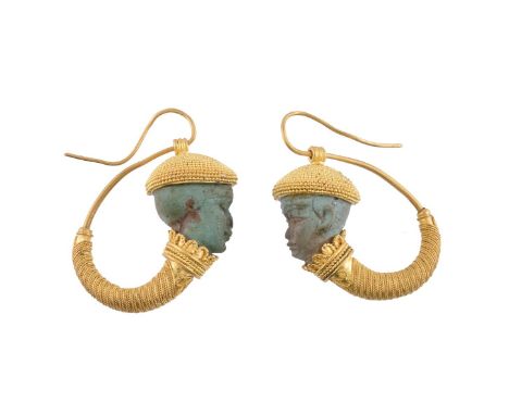 A pair of faience and granulated gold earrings by Natalia Josca, the carved faience heads below panels of gold granulation, a