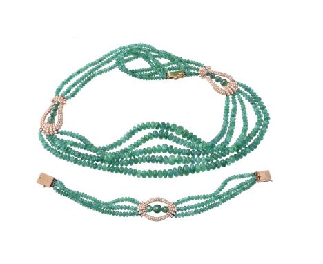 An emerald bead and diamond suite of jewellery, the necklace composed of graduating emerald beads, with openwork panels set w