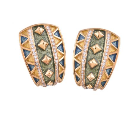 A pair of 18 carat gold, enamel and diamond earrings by Leo De Vroomen for Amr Shaker, the tapered panels with blue, yellow a