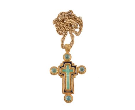 A green beryl, jadeite jade and enamel cross by Natalia Josca, the cross set with a central jadeite jade cross in a blue enam