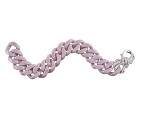 A pink ceramic and diamond bracelet by Stephen Webster, composed of pinkish grey Cuban links, the detachable stylised bow cla