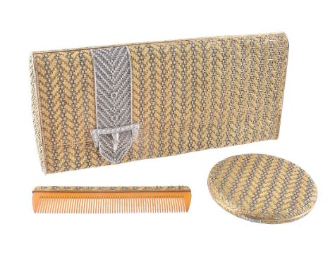 A gold and diamond evening bag by Massoni, composed of basket woven two colour gold, the buckle clasp set with brilliant cut 