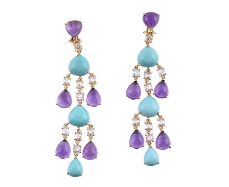 A pair of turquoise, amethyst and diamond ear pendants by Veschetti, the pear shape turquoise cabochons suspending pear shape