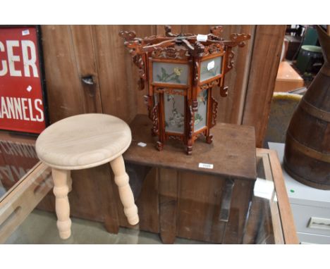 An antique foot or prayer stool, an oriental style light fitting and a three legged stool, engraved 'Elizabeth'