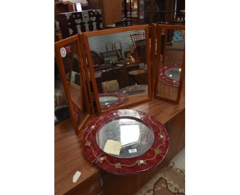 Two vintage mirrors including circular with tile surround and teak effect triptych