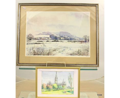 A ltd edition 'Bill Toop' print 117/300 of 'Snow over Old Sarum' together with a watercolour of Salisbury Cathedral. Frame me