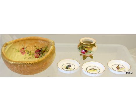 A collection of hand painted Royal Worcester porcelain o include bowl, vase & pin dishes