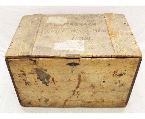 A large wooden zinc lined trunk marked Indian Police named to J L  Stronarch 60 x 96 x 63cm