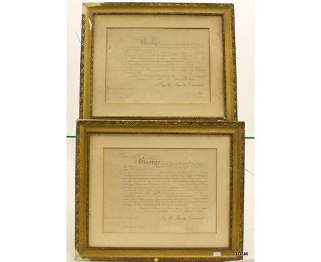 Two framed WW1 Carmarthenshire Battalion Promotion Warrants to a Military Cross winner. The first promoting Jenkin Rees Gwynn