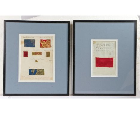 Queen Victoria interest, two framed sheets with applied fabric, the first sheet with the explanation "Pieces of Cloth belongi